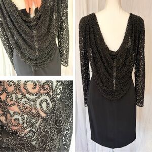 Vintage Oleg Cassini Black Tie Beaded Lace 90s Draped Back Cocktail Dress Sz 6